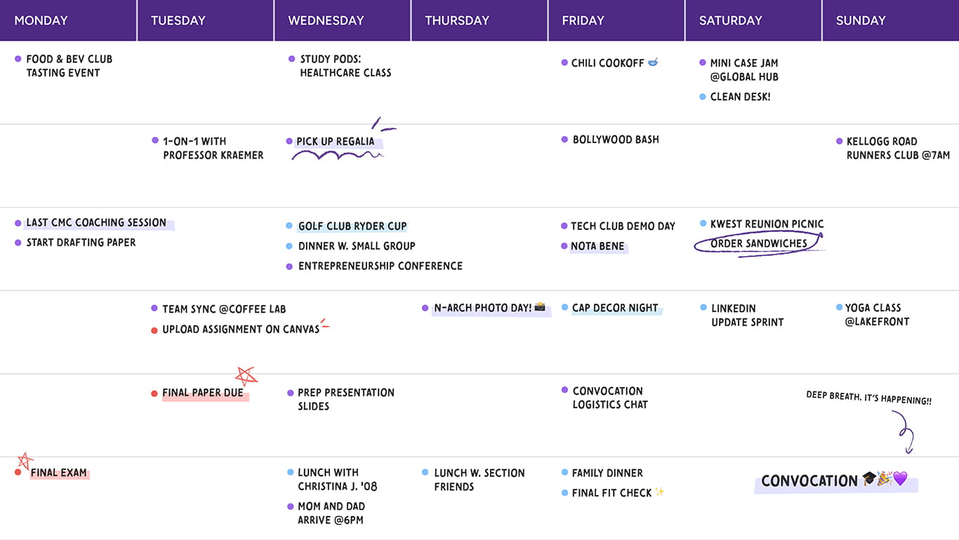 A calendar graphic depicting spring quarter events and traditions at Kellogg