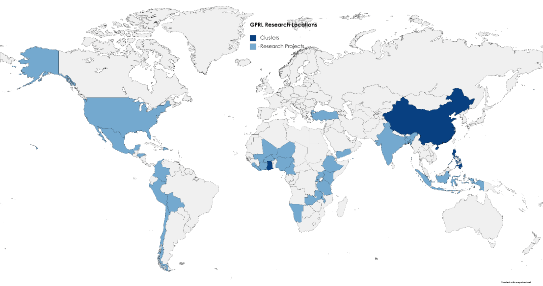 A map showing where the global poverty research lab has clusters around the world
