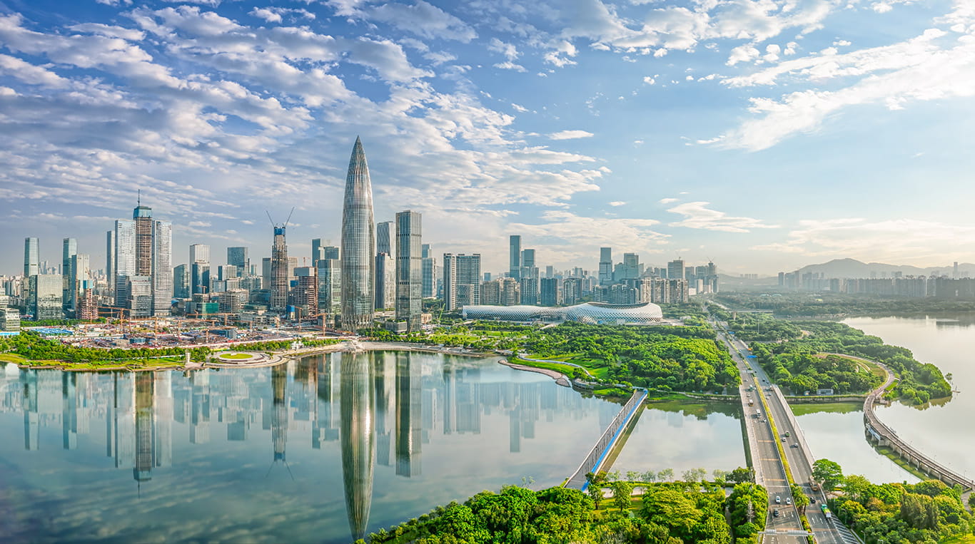 Daytime cityscape of downtown Shenzhen with bridges leading to the city