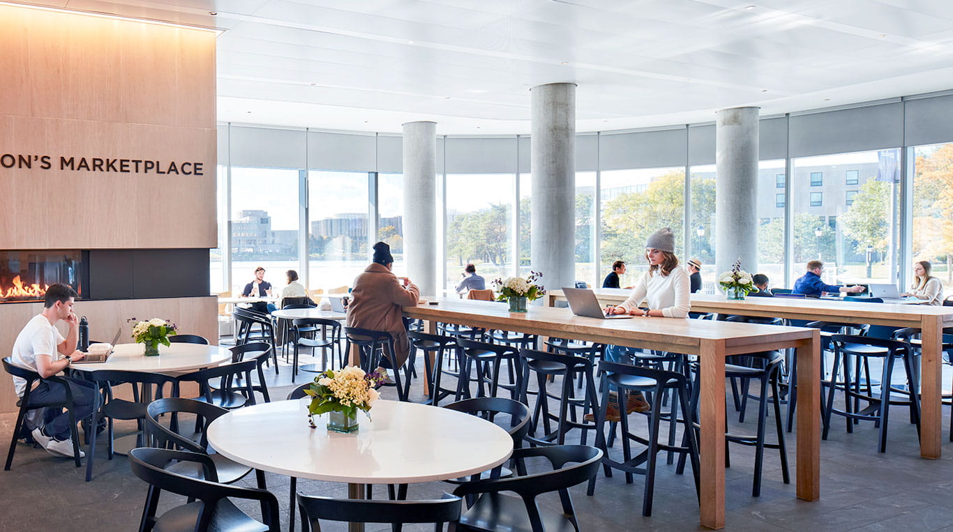 Students gathering at the Global Hub's dining area and marketplace