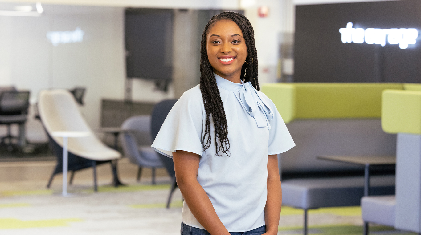 Kellogg student Ashley Abraham, pictured in the campus tech incubator The Garage