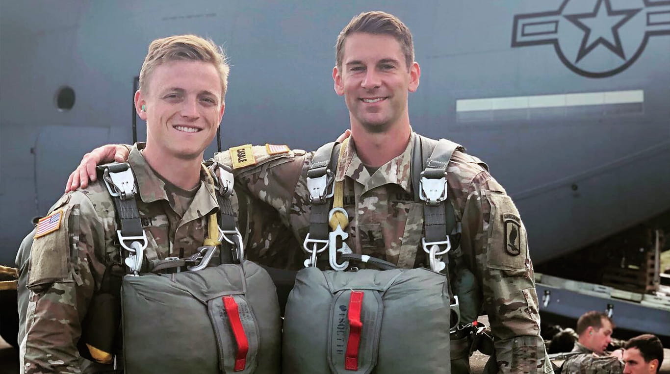 Cam Voigt ’24, Two-Year MBA Program at Kellogg, alongside another Army Ranger before parachuting into Normandy to commemorate 75th anniversary of D-Day 
