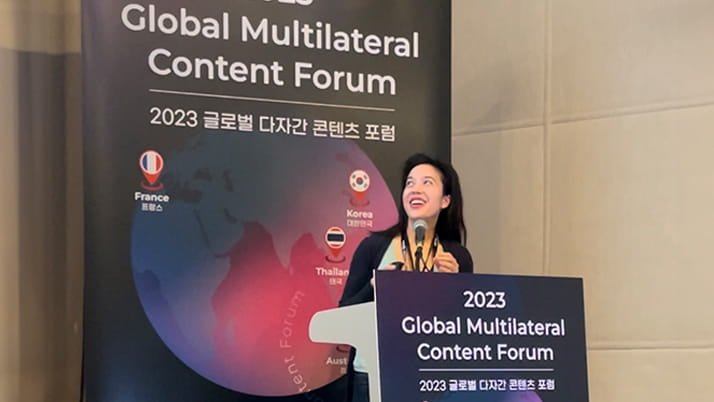 Allison Howard gives a start-up gaming talk at a Korean conference