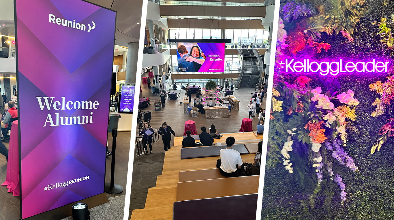 Collage of three photos showing signage, gathering of alumni and decor at Reunion Weekend 2024 at the Kellogg Global Hub in Evanston.