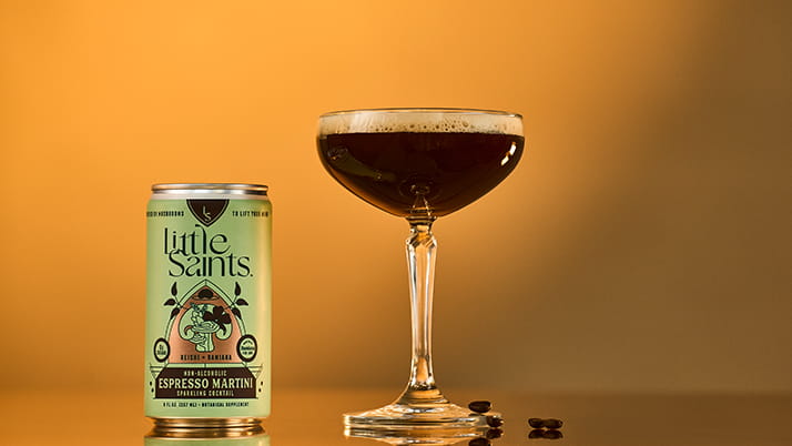 non-alcoholic espresso martini cocktail infused with functional mushrooms via Little Saints