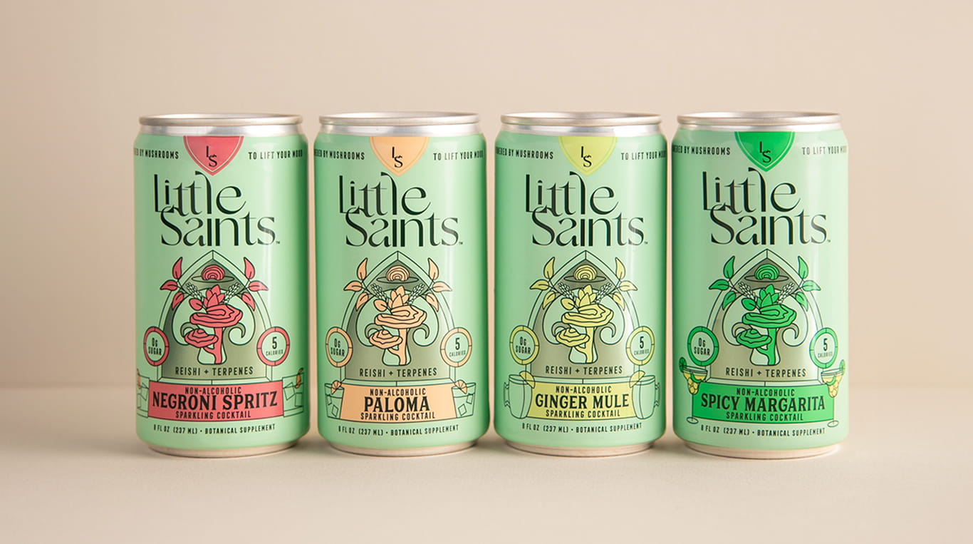 Little Saints was born during the pandemic as an antidote to drinking. The company creates non-alcoholic cocktails and spirits infused with functional mushrooms.