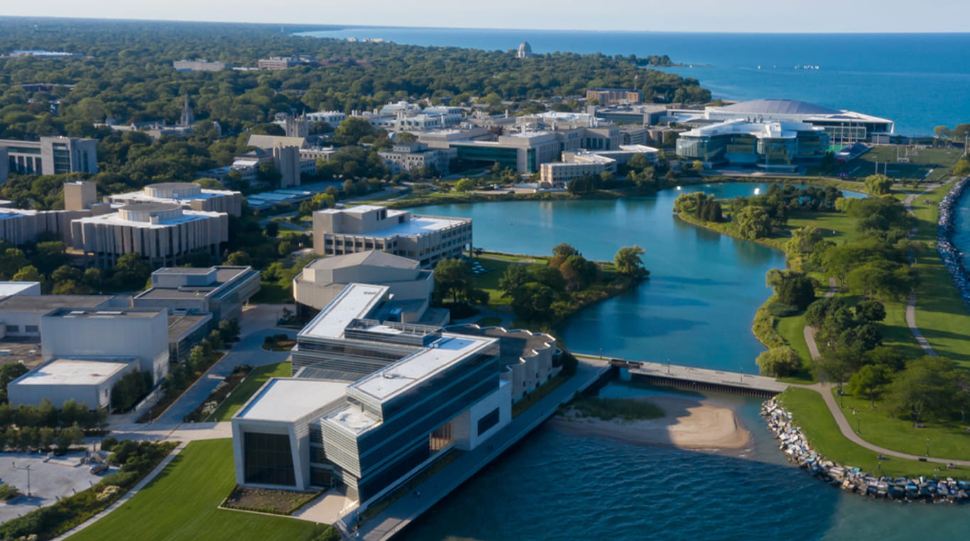 Aerial view of the lagoon and academic buildings at Northwestern University's campus in Evanston, Illinois.