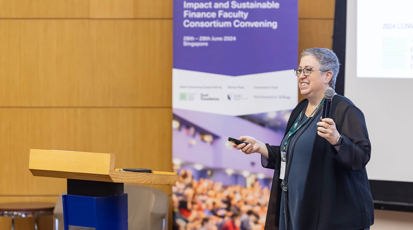 Professor Megan Kashner speaks at the Impact & Sustainable Finance Faculty Consortium meeting in Singapore in June 2024.