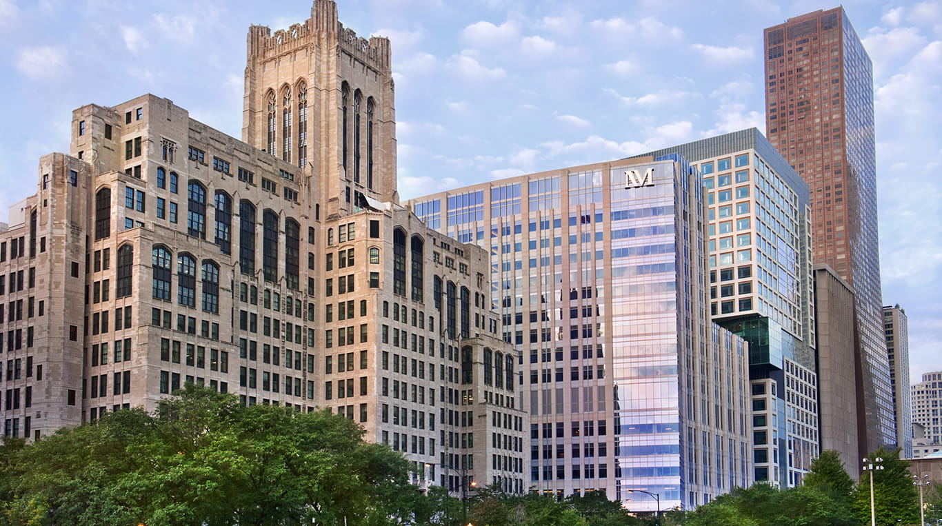 View of the Northwestern University campus in downtown Chicago, including Northwestern Memorial Hospital and Kellogg's Weiboldt Hall.