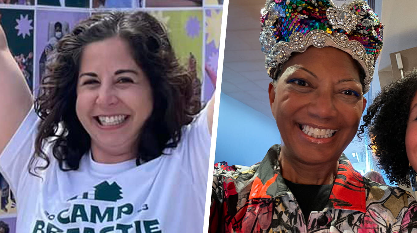 Split screen image with side-by-side photos of alumnae and breast cancer survivors Lindsey Baker and Ricki Fairley. Both women are smiling.