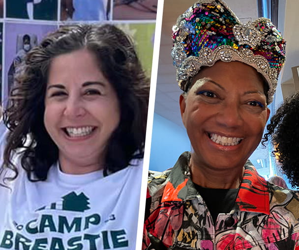 Split screen image with side-by-side photos of alumnae and breast cancer survivors Lindsey Baker and Ricki Fairley. Both women are smiling.