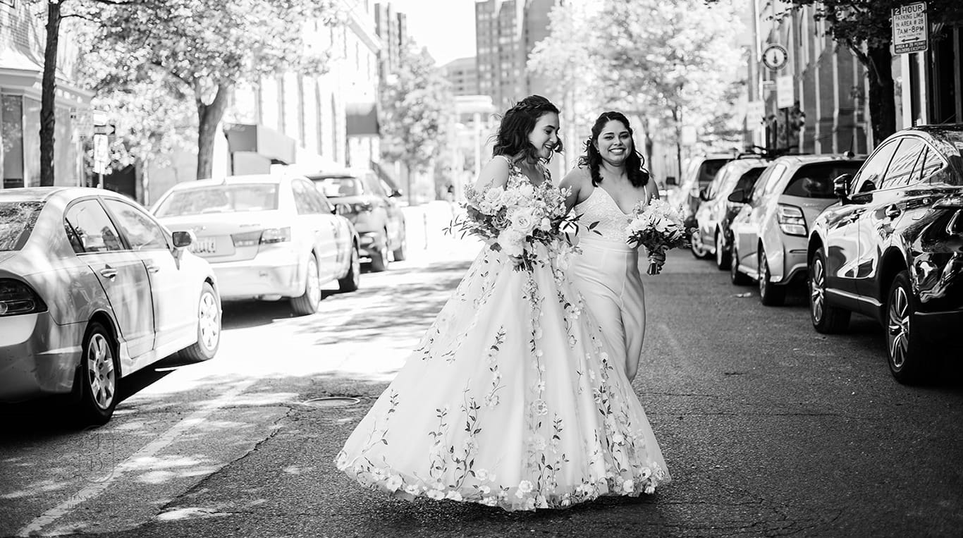 Crysta and Gabby on their wedding day in June 2024