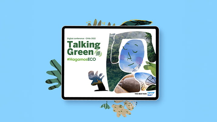 A digital conference poster for 'Talking Green' in Chile 2022, featuring the hashtag #HagamosECO and an artistic illustration of a stylized face composed of natural elements, set against a blue background with leafy accents.
