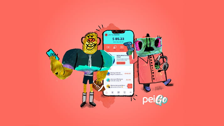 A playful digital illustration featuring a monkey-like character and an elephant character standing in front of a smartphone screen displaying a financial app interface. The background is a warm coral hue, and the image includes the logo 'peiGo.'