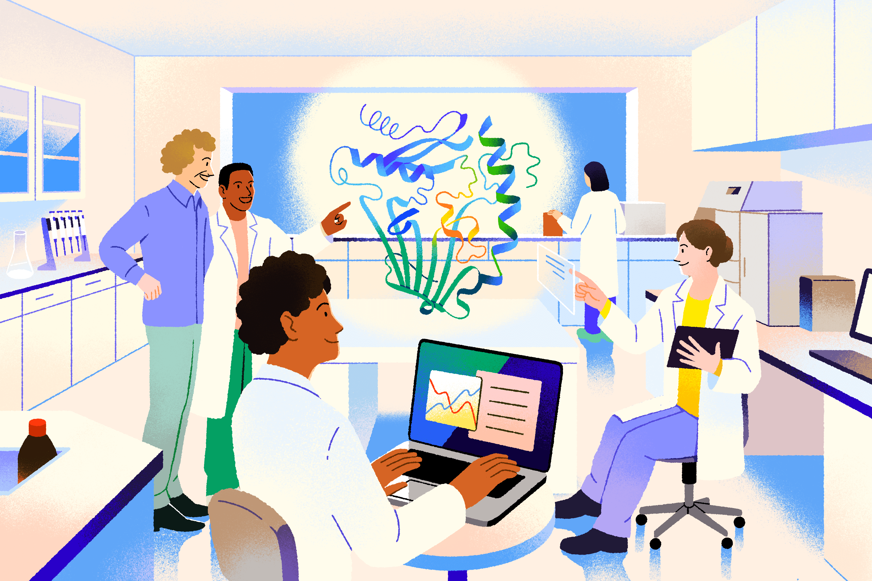 illustration of a scientific lab with a protein model floating in the center of the space while several scientists look at it.