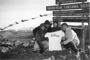 Tanya Dragan, Joon-Soo Kim, Greg Zariphopoulos and Adam Koontz (all '00) scaled Uhuru Peak in Tanania, Africa's highest point.