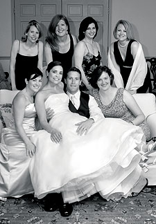 Janey Dean '02 and Michael McWhorter celebrate their May wedding with the Kellogg crew. Front, from left: Ashley Martorana '02, Janey (Dean) McWhorter '02, Michael McWhorter, Stephanie Gladney '02; back, from left: Kristina (Lutter) Bornhoeft '02, Vanessa Zielke '02, Dorothee (Gutierrez) Fisher '02, Katherine Gregory '02