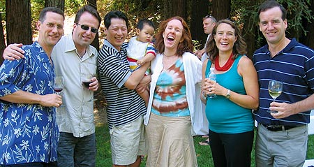 Alistair Goodman '93, Hans Lidforss '93, Patrick Lin '93, Buffie Eilert '93, Lee Hansen '93 (in back), Bek Goodman, and Mark Andersen '92 at Ken Freeman's "Pinot Picnic".