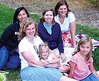 Sumin Eng '93, Beth MacLean '93 (with her daughters Grace and Ellie), Susie Campbell '93 and Heather Forsythe '93 at Ken Freeman's "Pinot Picnic".