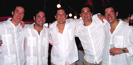 From left: Fernando Pacheco, Nestor Machado, Xavier Bay, Benjamin Fonseca, and Pablo Caballasi (all '01) celebrate Xavier's wedding on April 29 in Cancun, Mexico.