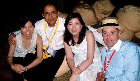 Summer picnicking together in Cambridge, United Kingdom, 2003-style, are (from left): Corinne Foo, Ketan Shah, Phillia Wibowo, and Attila Toth (all '03).