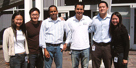 From left, Google's recent-Kellogg-grad contigent — Sophie Sha '05, Paul Feng '04, Mayuresh Saoji '04, Lewis Lin '04, Oliver Hsiang '05, Cherie Yu '05 in front of the Google building.