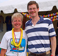 Trish Lambrecht EMP-38 (after a shower and a beer) and Mike Shelton EMP-38 at the McKinsey tent after day one at the MS150.