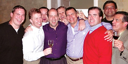 Jason Childers, Andrew Gillen, Ken Sandifer, Paul Del Gallo, Roger Gregory, Jim Lott, Tim Mahoney, Pradep Nair, and Steve Azarello enjoy a drink and a laugh.